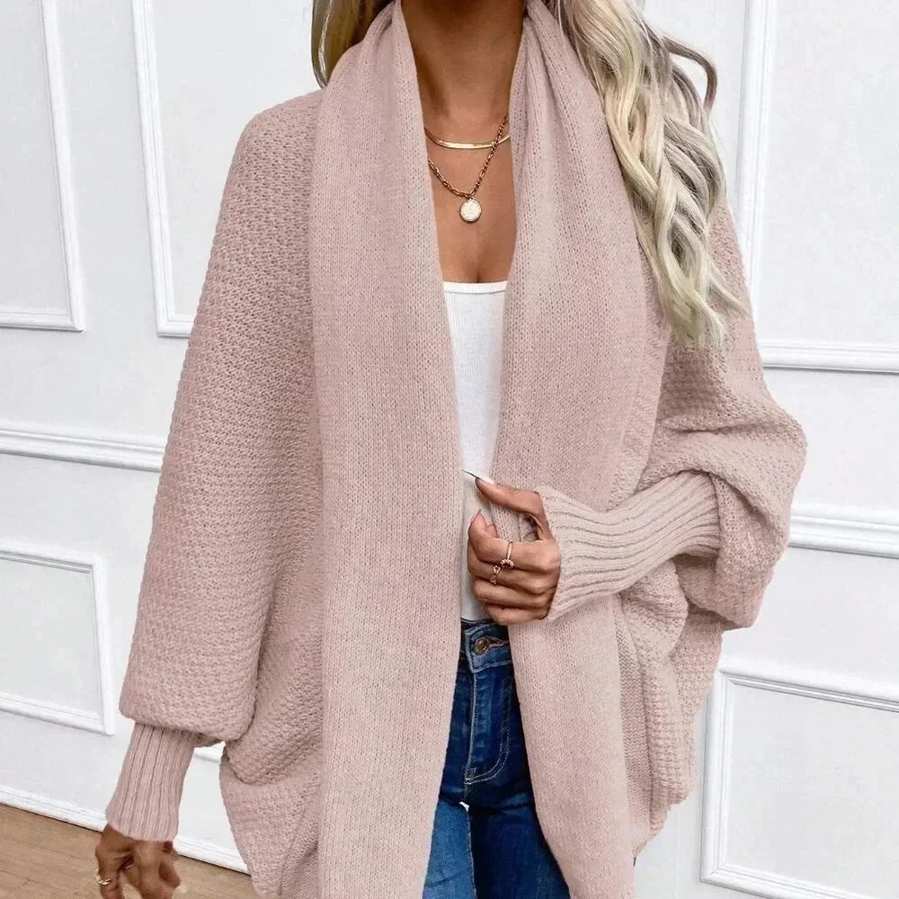 Pink Casual Women's Solid Color Batwing Sleeve Long Sleeve Cardigan - Picture 5 of 6